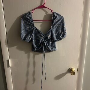 Ardene Blue Floral Puff Sleeve Crop Blouse